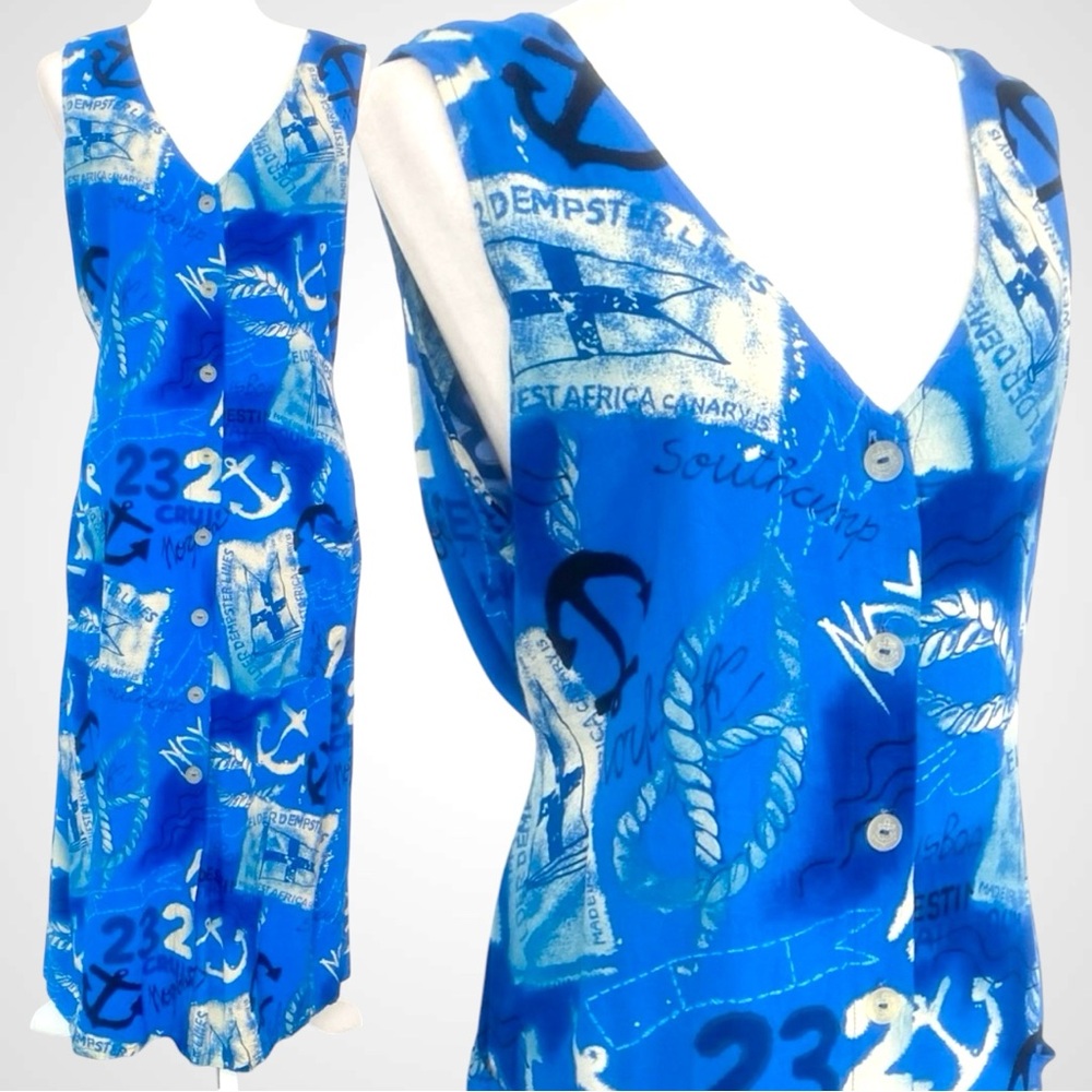 Jams World Nautical Anchor Print Blue Sheath Vintage Hawaiian Long Dress XL